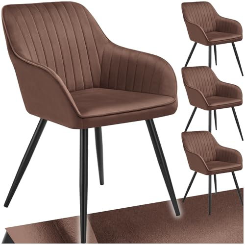 tectake® Samt Stuhl, Esszimmerstuhl mit Samtstoff, Küchenstühle modern, gemütlicher Sessel Wohnzimmer, Armlehnstuhl Esszimmer, Dining Lounge, Schminktisch Stuhl - braun/schwarz, 4er Set