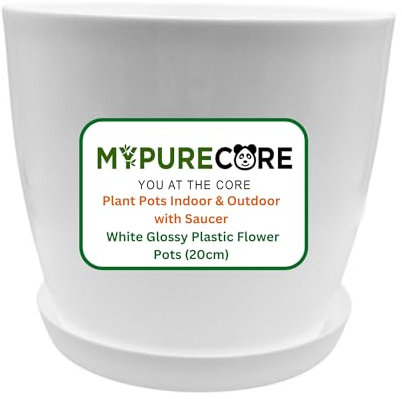 MYPURECORE Plant Pots Indoor 20cm with Saucer – Stylish Glossy Plastic Flower Pot – Durable Indoor & Outdoor Planter for House Plants, Herbs, & Succulents (White, 20 cm)