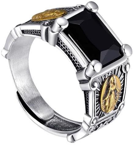 GAUEIOUR Gothic Black Onyx Agate Stone & White Copper Cross Ring - Personalized Hip Hop Signet for Men