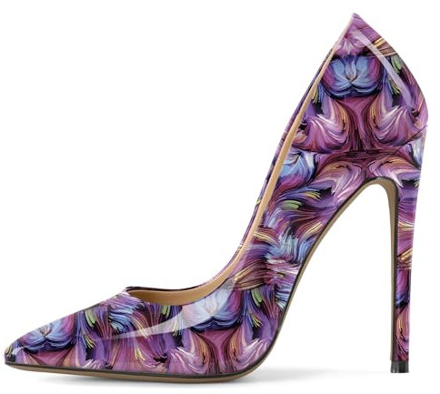 EDEFS Scarpe Confortevoli con Tacco Stiletto 12 cm Donna in Pelle Verniciata a Punta Chiusa per Feste Sexy Floreale Viola EU44
