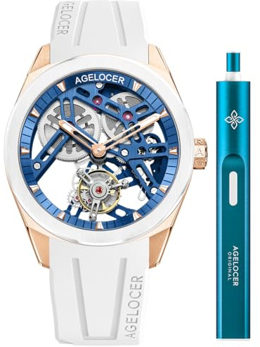 agelocer Herrenuhr Doppelseitiges Hohles Tourbillon, 80 Stunden Gangreserve, Keramikzifferblatt, Kautschukarmband,Business Herrenuhr mit Uhr Geschenk für Männer【Geben Wickler】 (DE:9104Y10-R)