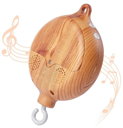 BIZOI Baby Mobile Spieluhr, Holzoptik Music Box Bettglocke, Kinderbett Mobile Motor mit Drehbarem Haken, Batteriebetriebene, 35 Melodie Bettglocke Anhänger Babybett Deko