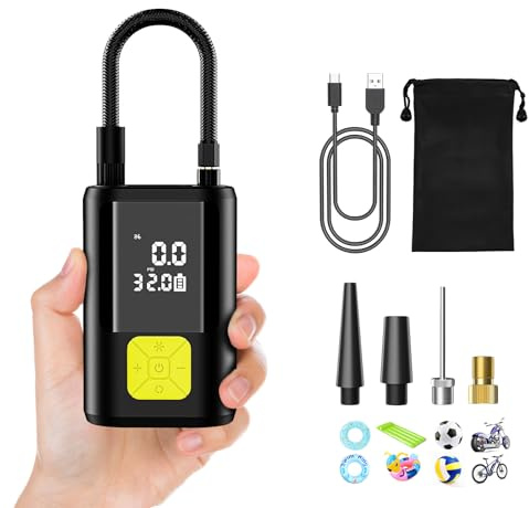 150PSI Mini pompa ad aria elettrica con batteria da 6000 mAh, compressore d'aria portatile senza fili con schermo grande e luce di emergenza, portatile per auto, moto, bicicletta, palline, nero