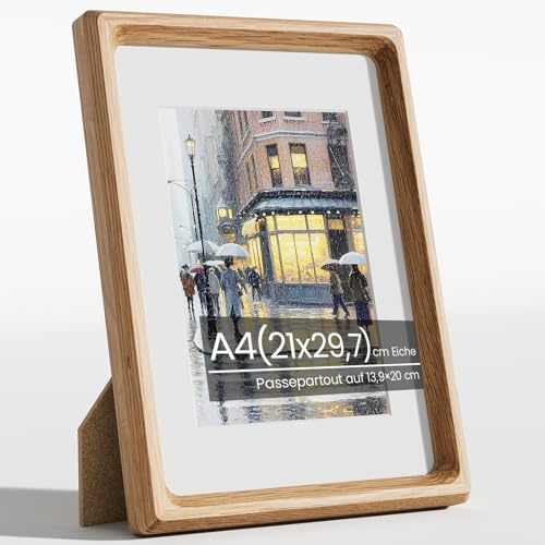 Feihorrm Bilderrahmen A4, Natürliches Eiche Holz Fotorahmen mit Glas | Handgefertigte 21x29,7 cm Holzrahmen Mattiert auf 13,9x20 cm Fotos, Wand oder Tisch für Poster Collage Zertifikaten