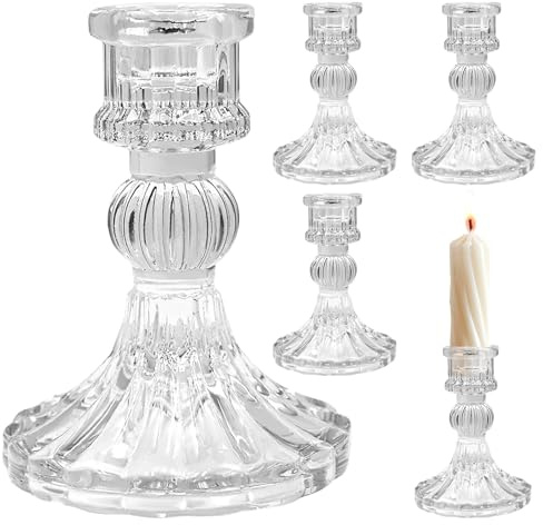 4 portavelas de vidrio acanalado, portavelas transparente estriado para velas cónicas, 3.1 x 3.1 x 4 pulgadas, centro de mesa de boda, decoración del hogar