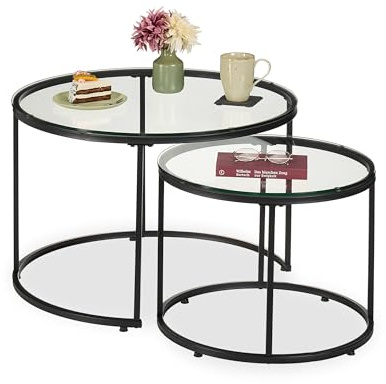 Relaxdays side tables, set of 2, glass & metal, round nesting tables, for the sofa, living room, transparent/black
