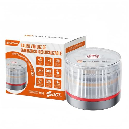 RAYPOW Help Flash Beacon V16 Approved DGT with Geolocation IoT Emergency Light Car Visible 1 km 360° Paid Data until 2038 Official Replacement Triangles IP54 Water and Dust Resistant (MOD-V16)