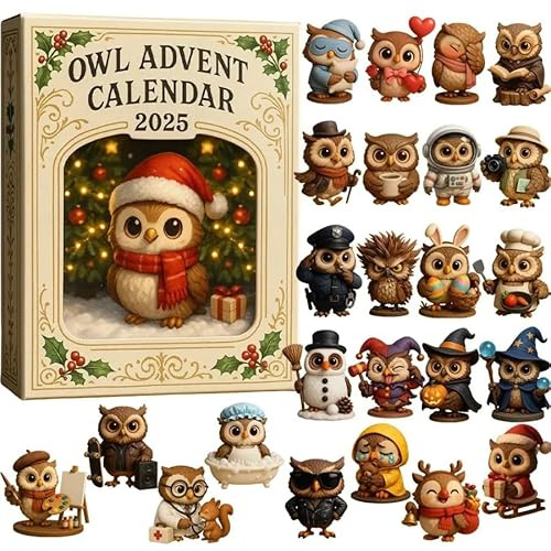 2025 Eulen Adventskalender, Adventskalender 2D Acryl Welpen Dekoration, für Kinder, für Männer, Teenager, Männer, Teenager, Mann, Sohn, Tochter, Familie (1 Satz)