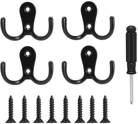 DAJMAIEZ 11 negro Ganchos de Pared Dobles con Tornillos y Destornillador | Ganchos metálicos para ropa, sombreros y toallas, perfectos para cocina, baño y puertas, incluyen tornillos y destornillador.