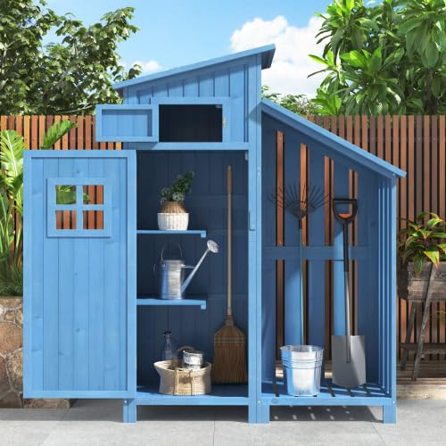 Kleiner Gartenschrank aus Massivholz 124x46x174 cm – Wetterfester Geräteschuppen für Balkon & Terrasse mit 2 Regalen & PVC-Dach – Kompaktes Gartenhaus für kleine Gärten (Blau)