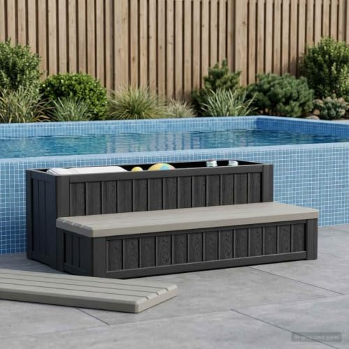 Ziaphsol Escalier de piscine avec espace de rangement 2 marches marron et gris en polypropylène, dimensions totales 93 x 57 x 35 cm, échelle de piscine pour spa jacuzzi entrée et sortie