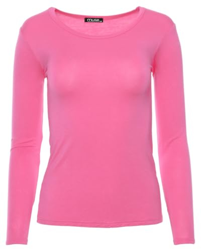 Easy Young Fashion - Damen Basic Rundhals Shirt - Langarm Unterziehshirt - Skinny Fit 1093 - Pink L