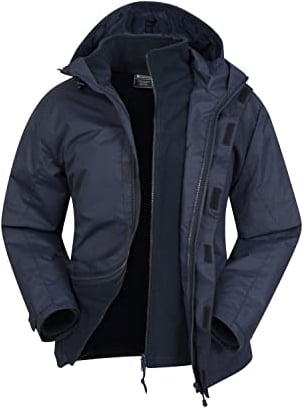 Mountain Warehouse Fell Mens 3 in 1 Water Resistant Jacket - Adjustable Coat with Packaway Hood, Detachable Inner Fleece & Many Pockets - For Hiking & Outdoors Navy XL