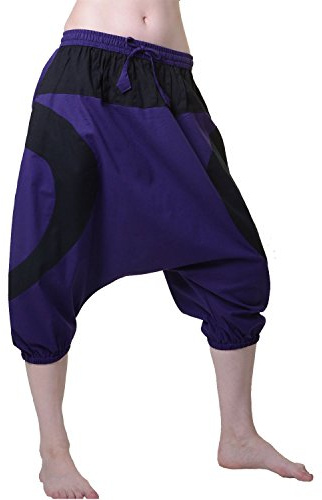 Kunst und Magie Ausgefallene Dreiviertel Unisex Pumphose in wunderschönen Farbkombis Hippie Goa PSY Aladinhose, Größe:S/M, Farbe:Lila/Schwarz
