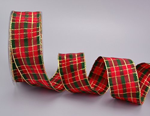 20 m x 40 mm Dekoband Weihnachten KARO ROT/DUNKELGRÜN/GOLD Drahtkantenband Dekoband Geschenkband kariert Schleifenband Schottenkaro doppelseitig Glanzband
