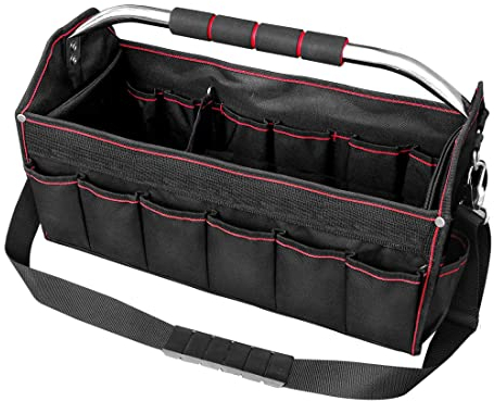 HAUTMEC Pro Foldable Open Top Tote Bag, 18-Inch 27 Pocket Tool Bag, Removable Shoulder Strap, Wide Mouth Heavy Duty Electrician Tool Bin for Tool Organization and Storage HT0020-TB