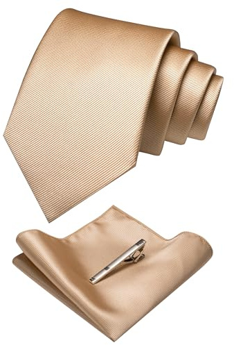 RBOCOTT Gold Silk Tie and Pocket Square, Necktie Tie Clip Set for Men (1)