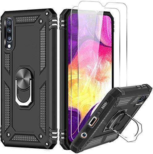 LeYi for Samsung Galaxy A50/A50S/A30S Case with Ring Holder, Military TPU Shockproof Hard Armour Phone Cover and 2 Tempered Glass Screen Protector for Samsung A50/A50S Black