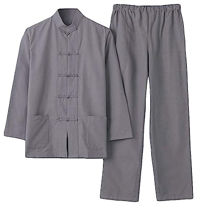 G-LIKE Herren Anzug Chinesischer Stil - Traditionelle Kampfkunst Kung Fu Tai Chi Wushu Klassisch Tangzhuang Langärmelig Hemd Hose Training Uniform Frühling Herbst Freizeit Kleidung (Dunkelgrau, L)