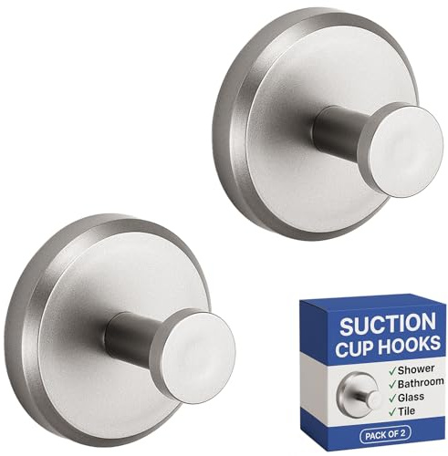 HOME SO Suction Cup Hooks for Shower & Bathroom Towel Holder 2-Pack – Suction Cups Hooks for Hanging Towels, Robes, & Coats - Tiles, Glass Door or Mirror – Shower Hooks & Towel Hooks Organizer -Nickel