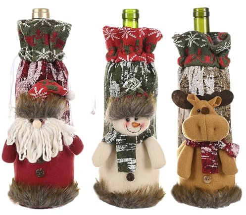 Lot de 3 housses en tricot pour bouteille de vin en fausse fourrure Motif Père Noël, bonhomme de neige, renne