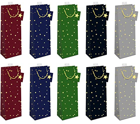 Geschenktaschen für Flaschen Weihnachten 10 Stück | Flaschentüten edle Geschenktüten für Wein Sekt Champagner | Flaschentasche mit farbiger Kordel und Namenskarte | Sterne | Skorpion Papeterie