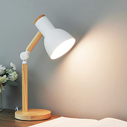 Chao Zan Lampe de Table E27 LED au Design Classique en Bois - Lampe d'Étude Réglable à Bras Articulé pour Bureau, Chevet et Travail - Blanc