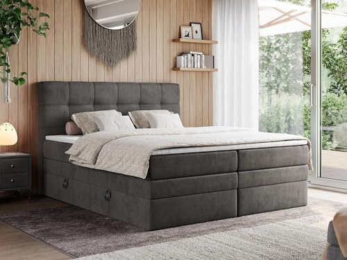 MKS MEBLE Boxspringbett 140x200 mit Bettkasten und Kopfteil, Bett mit Matratze H4 und Topper T25 - Boxbett - Dunkelgrau Velvet - ERNI King