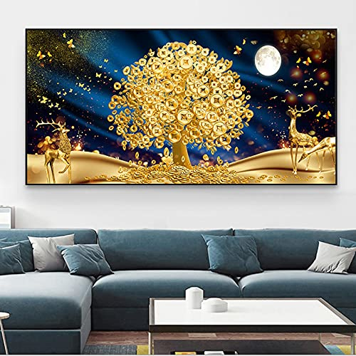 Jianghu Art Goldener Geldbaum, Gemälde auf Leinwand, Heimdekoration, großes Wandbild, Elchbild, abstrakte moderne Poster und Drucke, 60 x 132 cm (24 x 52 Zoll) mit Rahmen