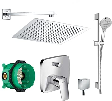 vanvilla Duschsystem mit Unterputz Duscharmatur von Hansgrohe Einhebelmischer und vanvilla Regendusche mit Armatur, Duschkopf eckig, Dusch-SET HG34 poliert