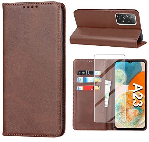 Handyhülle für Samsung Galaxy A23 5G Hülle mit Panzerglas Schutzfolie, Schutzhülle A23 Leder Wallet Kartenfach Standfunktion Stoßfest Klapphülle Hüllen Galaxy A23/M23 5G Case Cover Klappbar (Braun)
