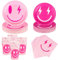 TWOWYHI 108PCS Preppy Birthday Decorations 24Guests Pink Preppy Party Plates of 9Inch 7Inch Disposable Paper Cups Napkins for Birthday Themed Party