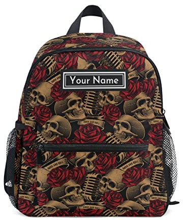 GuoChe Personalisierter Kleinkind-Rucksack für Jungen und Mädchen mit Namen, individuelle Kinderrucksäcke im Alter von 3–7 Jahren, Totenkopf-Mikrofon, Rose, Totenkopf-Mikrofone Rose, Small