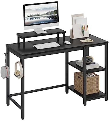 HEEYUE Computer Desk,47IN Industrial Writing Desk with 2-Layer Storage Shelves and Headphone Hook, PC Laptop Table with Monitor Stand,Gaming Desk for Home Office (Black)