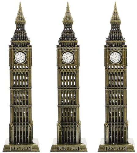 Homoyoyo 3Pcs Big Ben Model Set Metal London Building Ornament Golden Alloy Architecture Sculpture for Home Decor Office Display 7.80X2.60X7.09In