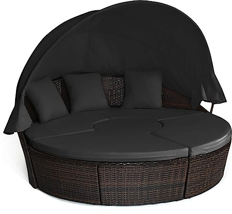 COSTWAY 5 Piece Modular Garden Rattan Daybed, Patio Wicker Sun Bed Sectional Sofa Set with Retractable Canopy, Adjustable Coffee Table and Cushions, Round Outdoor Conversation Furniture (Black+Brown)