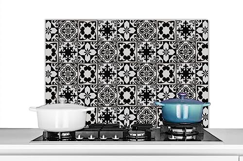 KitchenYeah© Spritzschutz Küchenrückwand Küche Deko Aluminium Platte Wandschutz Herd Spritzschutz WandverkleidungFliesen Retro - Blumen - Schwarz - Weiß - 80x55 cm