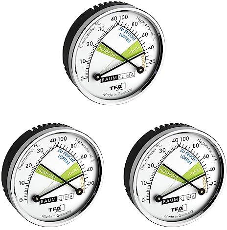 TFA Dostmann Thermo Analoges Thermometer Hygrometer mit Metallring, Luftfeuchtigkeitsmessgerät, Mehrfarbig, L 71 x B 23 x H 71 mm (Packung mit 3)