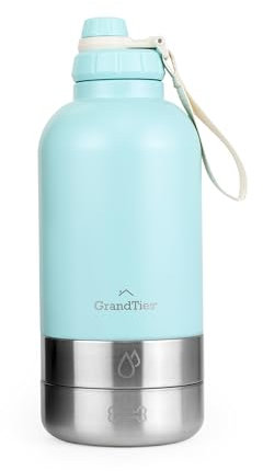 GrandTies Insulated Portable Dog Water Bottle with 2 Detachable Dog Water Bowl Dispenser | Leak-Proof Dog Food Travel Container | Dog Accessories for Dogs Walking, Hiking, Camping (64oz, Powder Green)