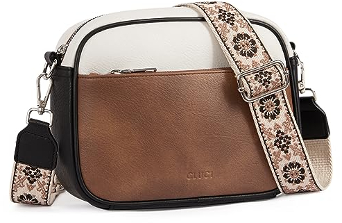 CLUCI Umhängetasche Damen, Crossbody Bag Damen Breiter Gurt PU Leder, Handtasche zum Umhängen, Schultertasche für Frauen mit einstellbarem breitem Riemen Schwarz mit Braun Beige