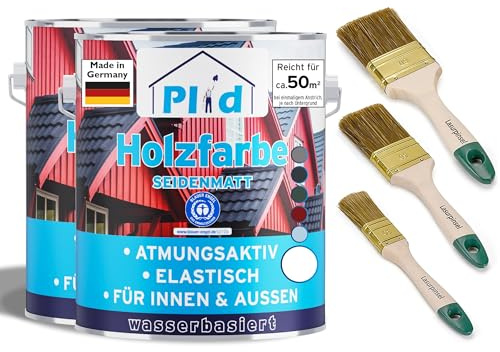 Plid Holzfarbe Weiß 5 L Innen & Außen 3er Pinselset | Holzschutzfarbe | Holzlack für Holz, Metall & Hart-PVC | Wetterschutzfarbe | UV-beständig | ca. 50 m² | Made in Germany