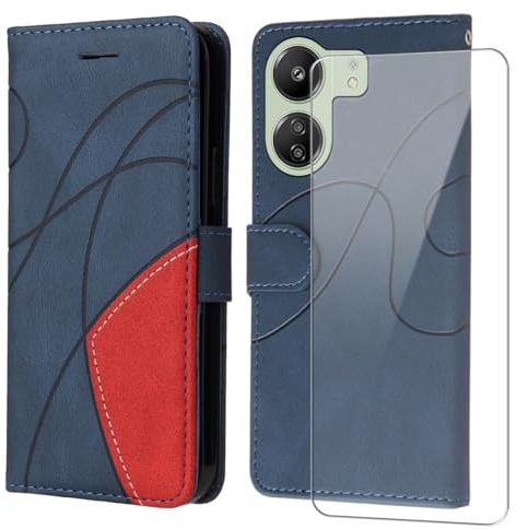 Hülle für Xiaomi Redmi 13C / Poco C65 Leder Handyhülle mit Displayschutzfolie, mit Kartenfächer und Magnetverschluss, PU Flip Brieftasche Case Schutzhülle für Xiaomi Redmi 13C / Poco C65 - Blau