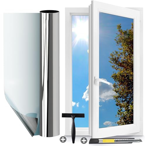Gutsurge Spiegelfolie Fenster Sichtschutz 44.5x200cm Hitzeschutzfolie für Fenster Privatsphäre Sonnenschutzfolie Innen Rückstandslose Thermofolie gegen Hitze UV Schutzfolie Wärmeschutzfolie Silber