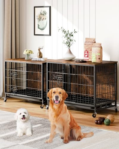 GAOMON Dog Crate Furniture, 2024 with Removable Tray, Wheels, Heavy-Duty Double-Doors, Chew-Proof, Brown, 27.2 Wooden Dog Kennel, Indoor Dog House for Large Dogs