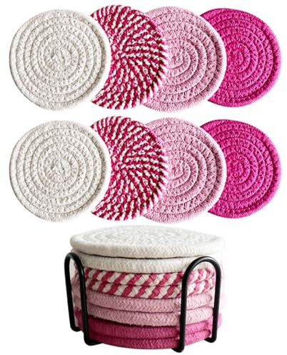 CULASIGN Untersetzer Gläser mit Halter, 8 Stück Runde Untersetzer Handgemachte Glasuntersetzer Tischuntersetzer Abwaschbar Getränkeuntersetzer aus Baumwollseil (Pink A)