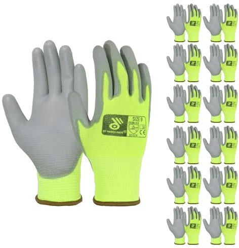 HANDLANDY 12 Paar PU-beschichtetes Nylon, schwarz, schützende Arbeitshandschuhe, rutschfeste, flexible Handschuhe für Bau, Lager, Gartenarbeit (Hi-Vis Gelb, Medium)