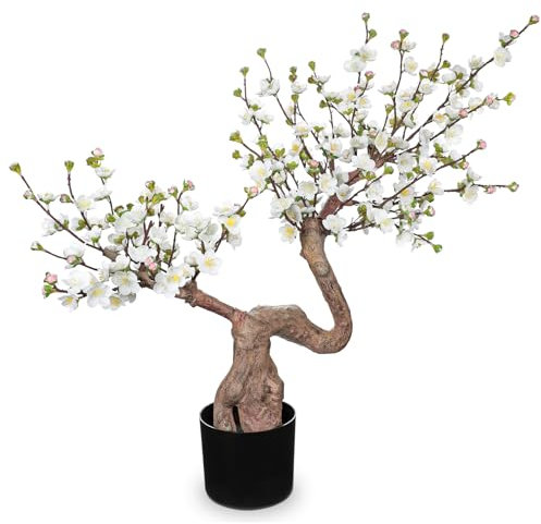 Arborus 2.5ft Cherry Blossom Artificial Flowers in Black Pot Artificial Bonsai Indoor Plant Tall Fake White Plum Blossom Faux Floral Plant for Home Table Office Bedroom Farmhouse Decoration