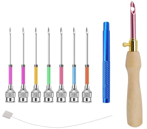 TIANLIN Stickerei Starter Kit, Stanznadel Austauschbare Köpfe, 7 Größen Punch Needle Set, Holzgriff Stickstifte mit Box Einstellbar, für Stickgarn Kreuzstich Anfänger