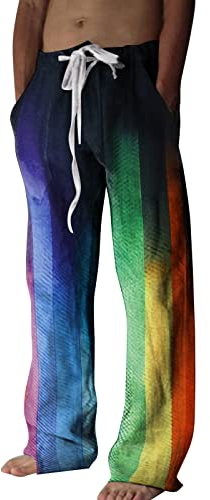 Mymyguoe Regenbogen Leinen Hose Herren Damen Lgbt Jogginghose Gay Pride Rainbow Flag Sporthose Leinen Freizeithose Jogging Hose Traininghose Fitness Yoga Hose Hawaii Strandhose Jogginghosen Herrenhose