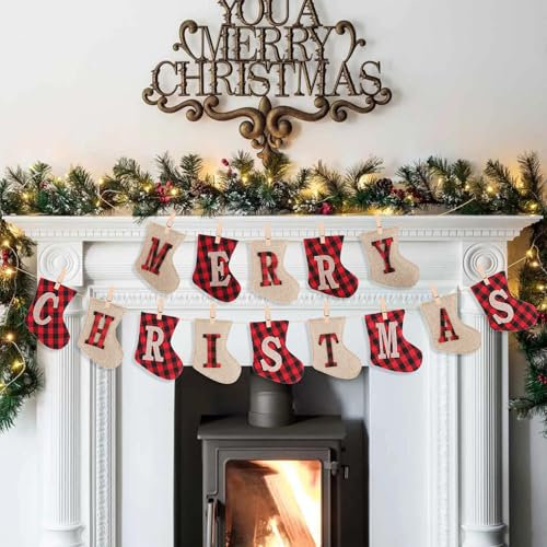 DERAYEE Weihnachtsbanner mit Aufschrift Merry Christmas, Jute-Banner, Sackleinen, Weihnachts-Wimpelkette, hängende Dekoration für Weihnachtsfeier, Wand, Baum und Kamin, Dekorationen (Strümpfe)